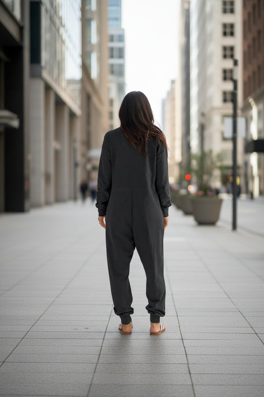 Women's V-neck Long Sleeve Solid Color Loose Jumpsuit With Two Side Pockets
