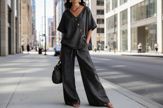 Casual Vacation Loose Cotton-Linen V-Neck Wide-Leg Pants Two-Piece Set
