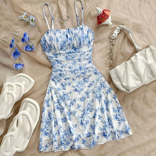Boho Floral Spaghetti Strap Mini Dress – Ruched Ruffle Hem Vacation Sundress CJ