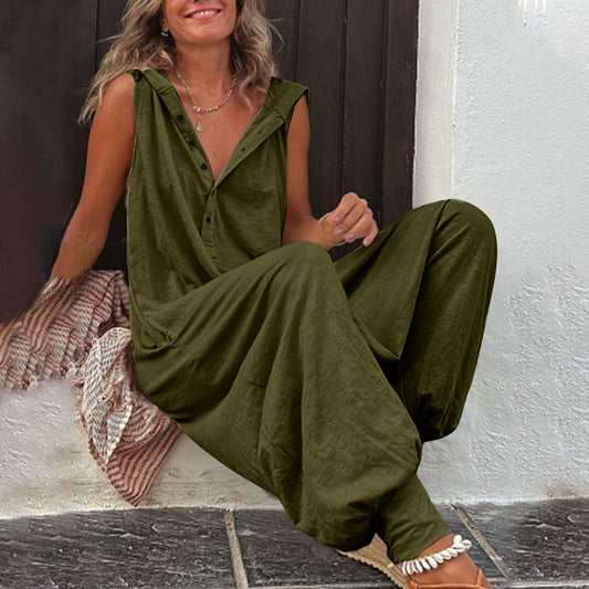 Buttoned Hooded Sleeveless Pants For Women