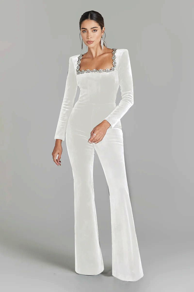 Women’s Diamond-Encrusted Square-Collar Flared Jumpsuit CJ