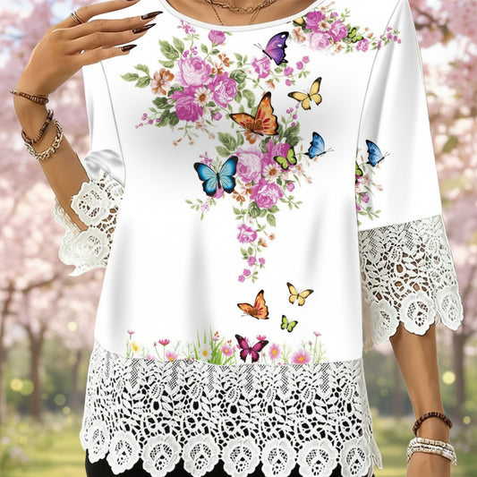 Lace-printed Three-quarter-sleeve T-shirt Top For Women