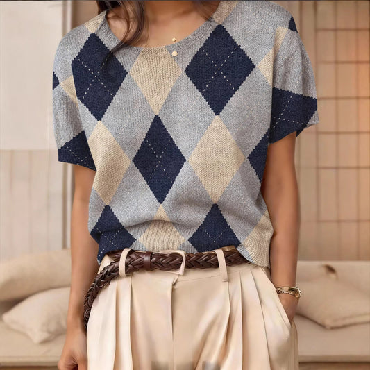 Retro Short-Sleeve Sweater Contrast-Color Jacquard Knit Top