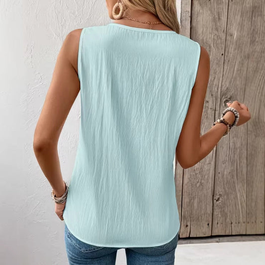 Elegant Casual And Fashionable Loose-fit Cotton-linen Tank Top With A Round Neck
