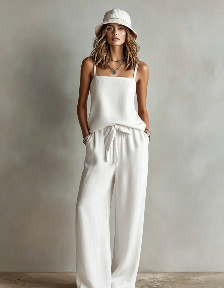 Suspender Wide-Leg Pants Set Womens Casual Two-Piece Set