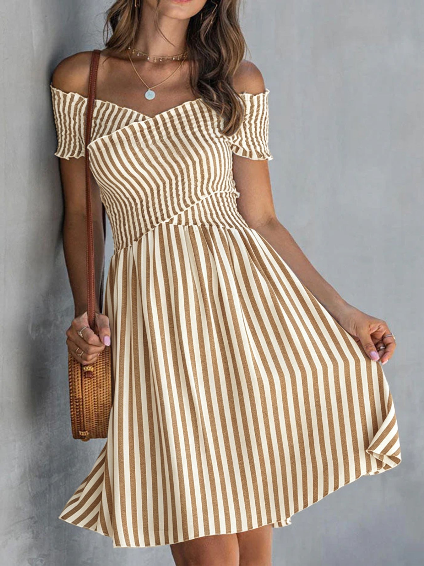 Off-the-shoulder Striped Waist-cinching Dress European And American Style