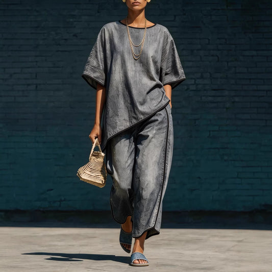 Elegant Casual Denim-Style Loose Wide-Leg Pants Two-Piece Set