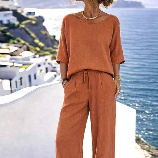 Cotton-Linen Minimalist Elegant Resort Short-Sleeve Pants Set