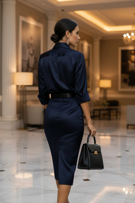 Elegant Slim-fit Half-sleeve Dress With A Lapel Collar