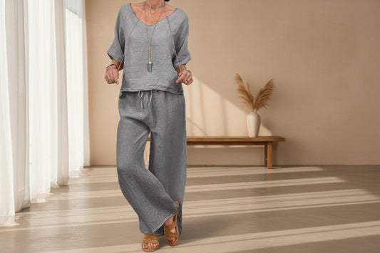 Womens Multi-Color Two-Piece Set Casual V-Neck Pullover With Three-Quarter Sleeves And Extended Pants