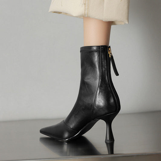 Stiletto-heeled Cowhide Pointed-toe Ankle Boots With A Back Zipper