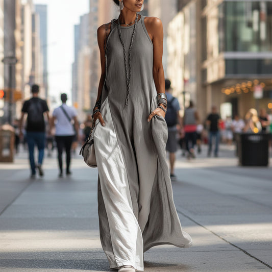 Womens Sleeveless Loose-Fit Color-Block Casual Off-Shoulder Dress With Pockets