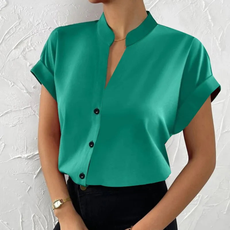 🧡 Summer Women's Satin V-Neck Short Sleeve Shirt – Elegant Casual Wear FitiqueFit