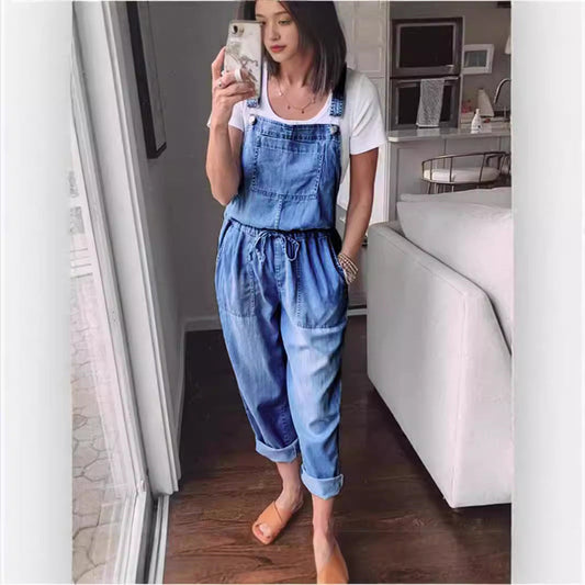 Fashionable Elastic Mid-Waist Jumpsuit Womens Pants