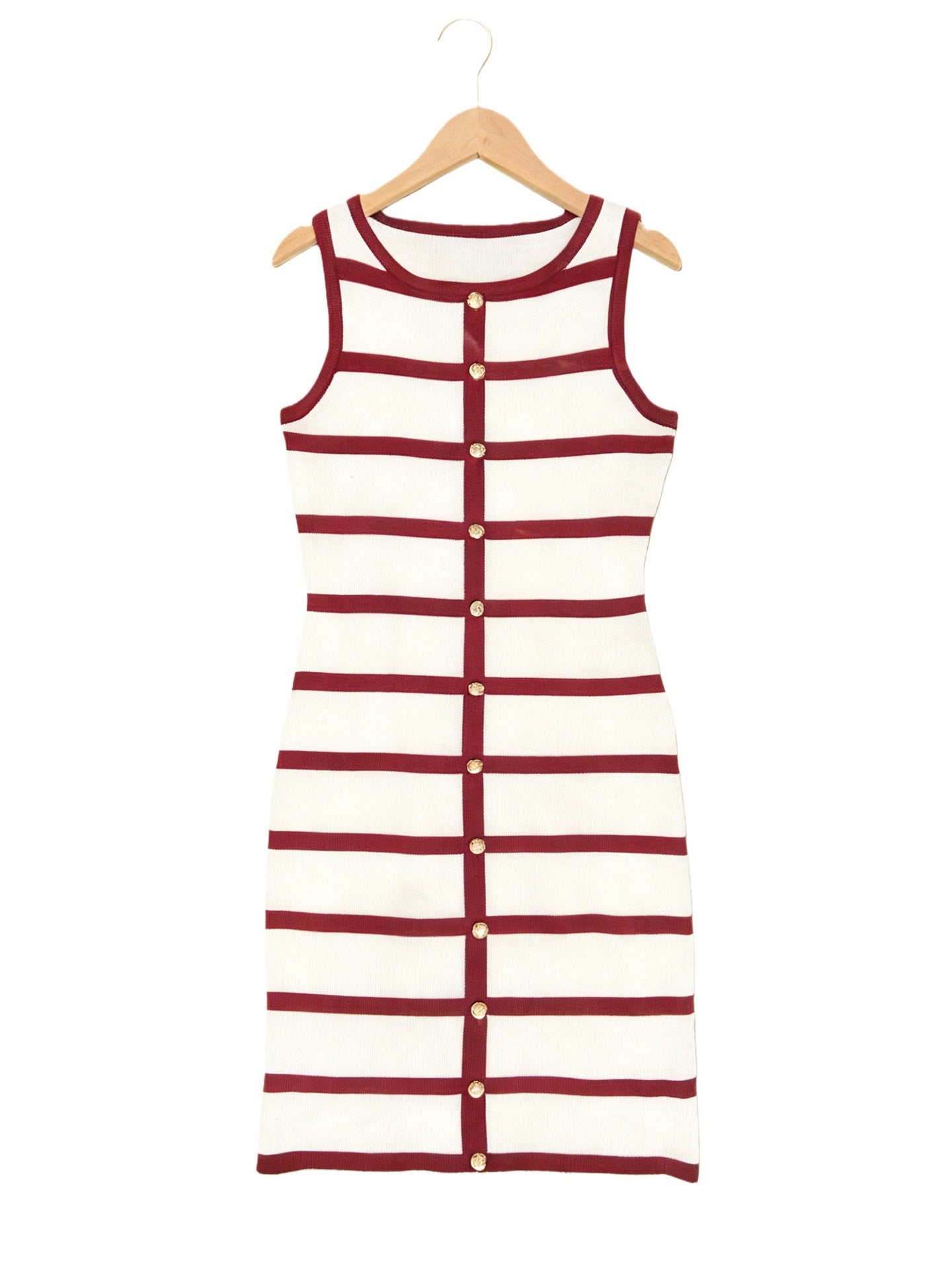 Contrast-color Striped Sleeveless Crew-neck Single-breasted Dress