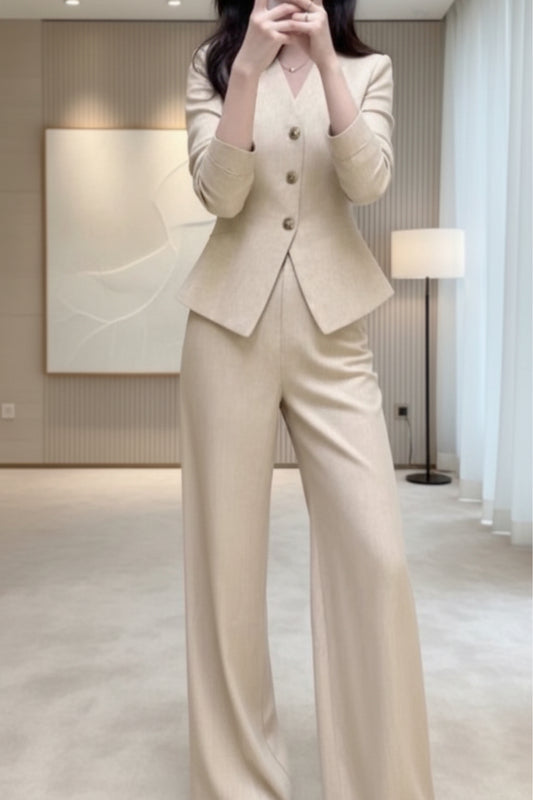 Waist-grabbing Beige Coat And Wide-leg Pants Set