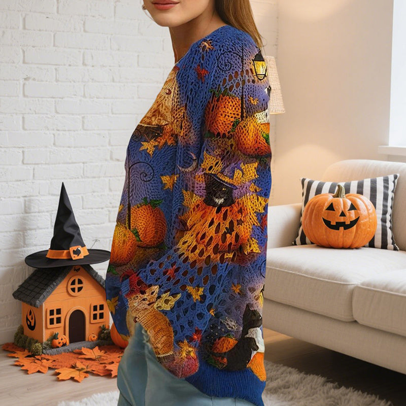 Women's Diamond Hollow Out Batwing Sleeve Top - Loose Fit Pumpkin Halloween Print Blouse For Spring Summer CJ US