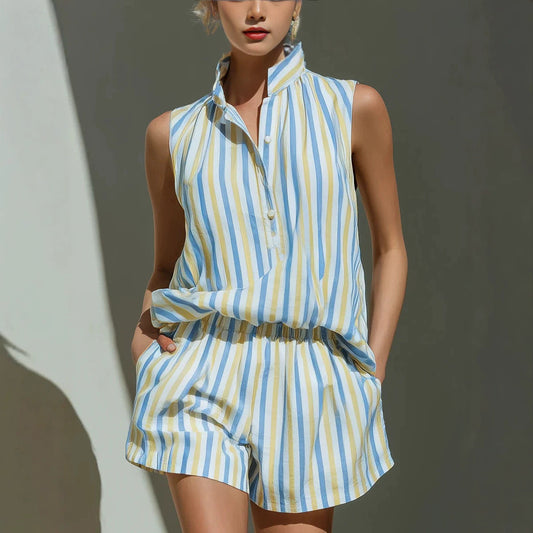 Sleeveless Stand Collar Striped Vest And Casual Shorts Two-Piece Set