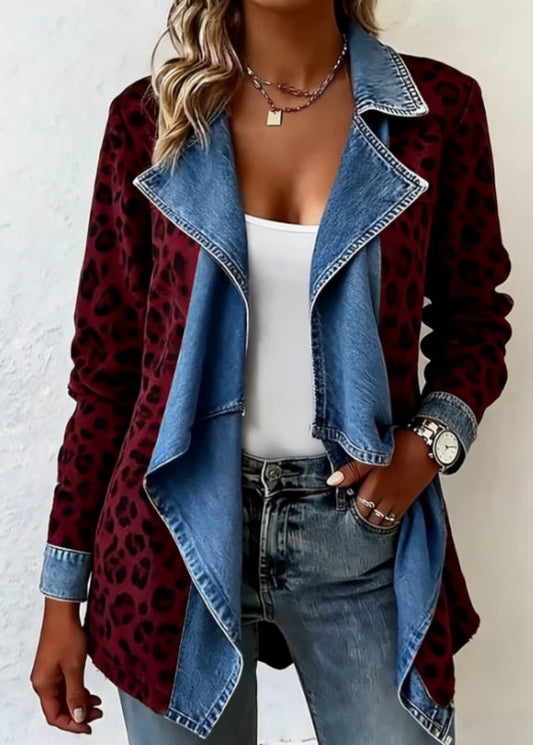 Patchwork Denim Collar Women's Long-sleeved Mid-length Coat
