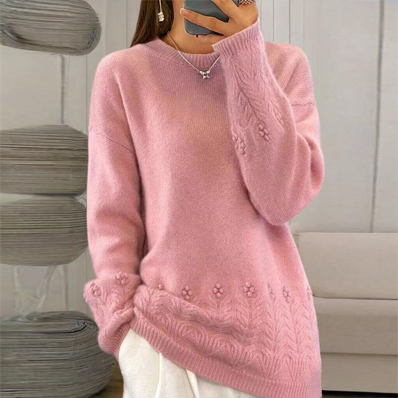 Women's Solid Color 3D Floral Embroidered Sweater, Loose Round Neck Long Sleeve Pullover For Autumn & Winter CJ US
