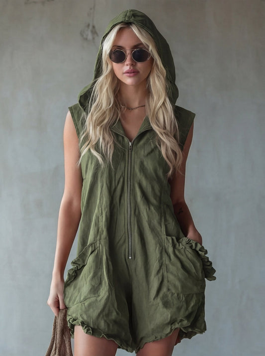 Retro-style Hooded Zip-up Sleeveless Cropped Cotton-linen Jumpsuit