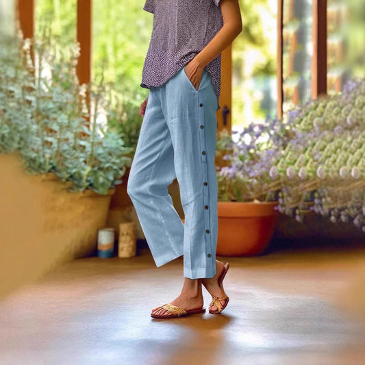 Cropped Pants With Decorative Buttons Along The Side Seams
