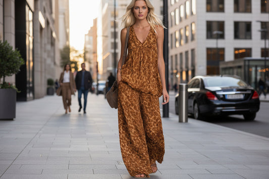Womens Loose-Fitting Leopard-Print Sleeveless Top And Chiffon Pants Set