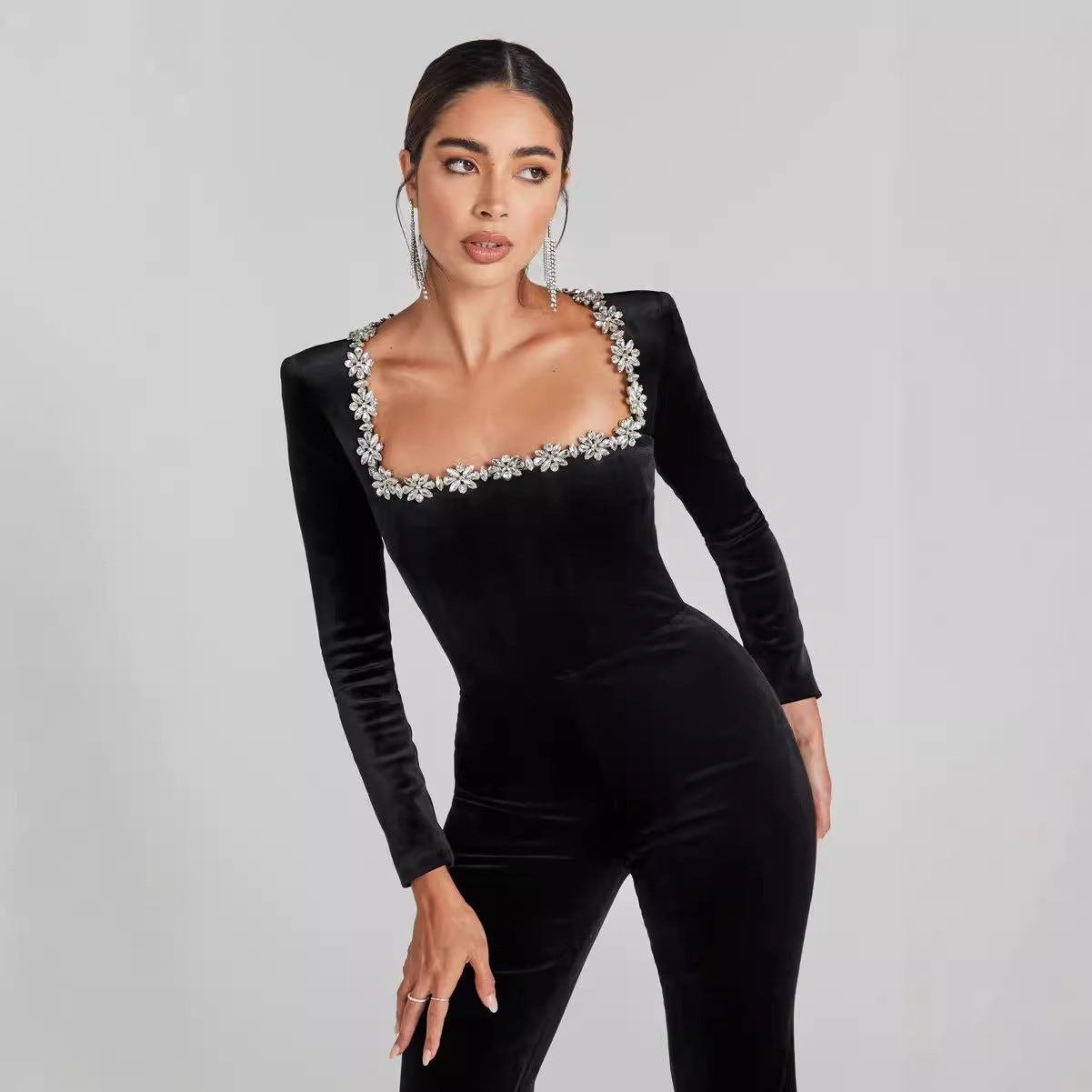 Women’s Diamond-Encrusted Square-Collar Flared Jumpsuit CJ