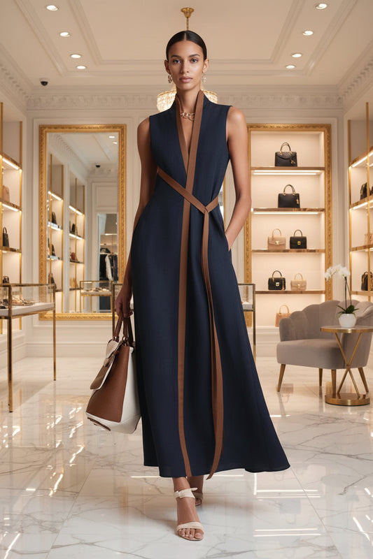 Color Block Sleeveless Stand Collar Linen Blend Dress
