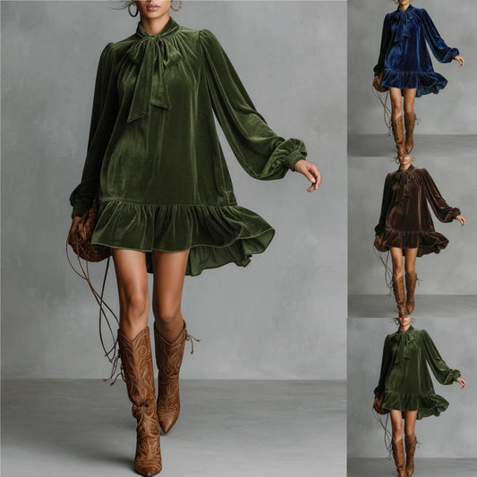 Women’s Bow-Tie Puff Sleeve Dress – Elegant Asymmetric Ruffle Hem Short Dress