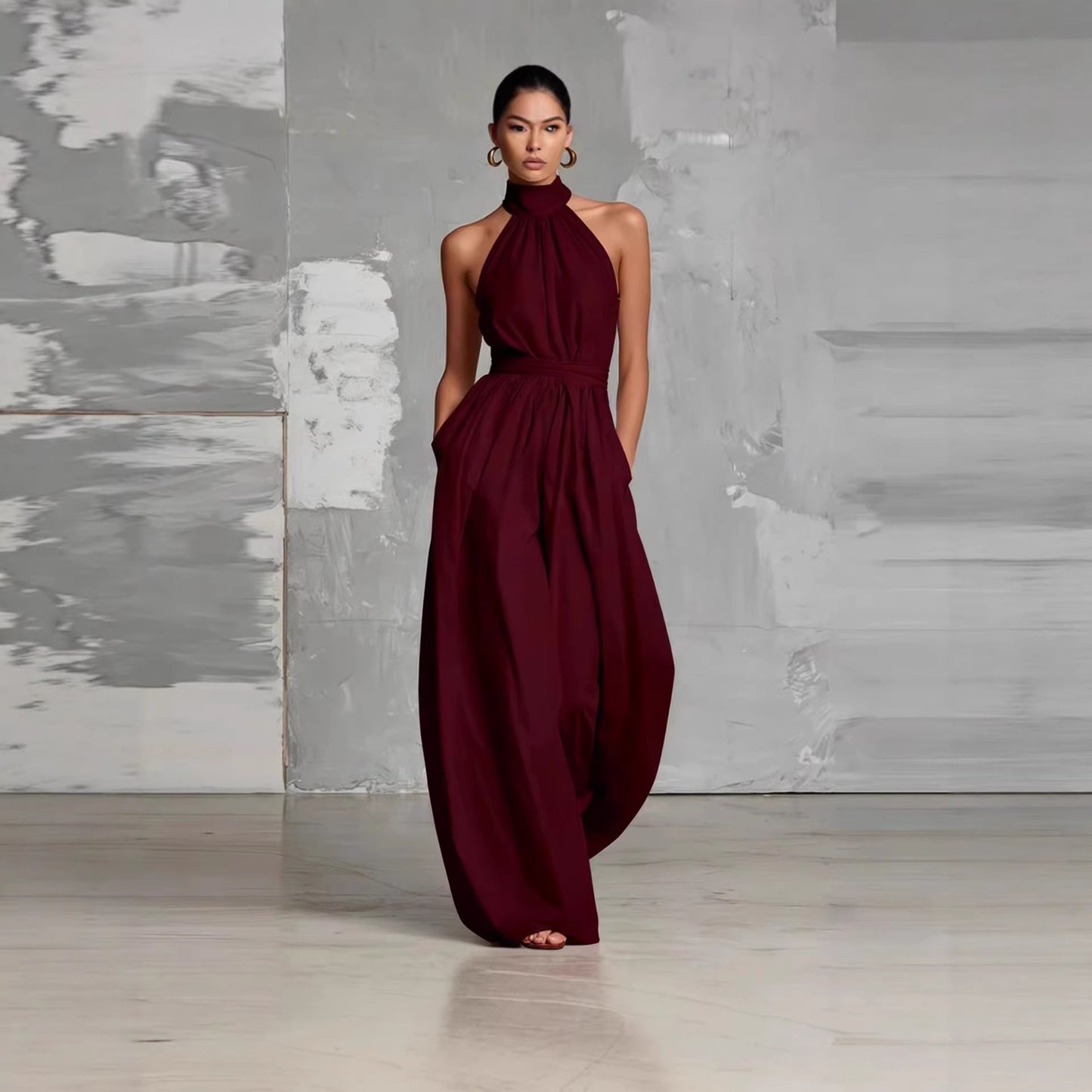 Fashionable And Elegant Belted Pleated Jumpsuit With A Cinched Waist