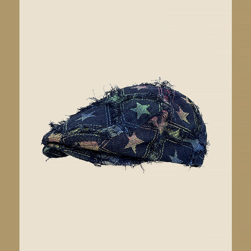 Colorful Plaid Five-pointed Star Advance Hats Women's Korean-style Anti-wear Distressed Edging Beret CJ