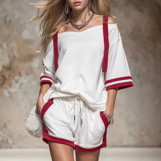 Summer Contrast-Colored Women's Patchwork Casual Shorts Set