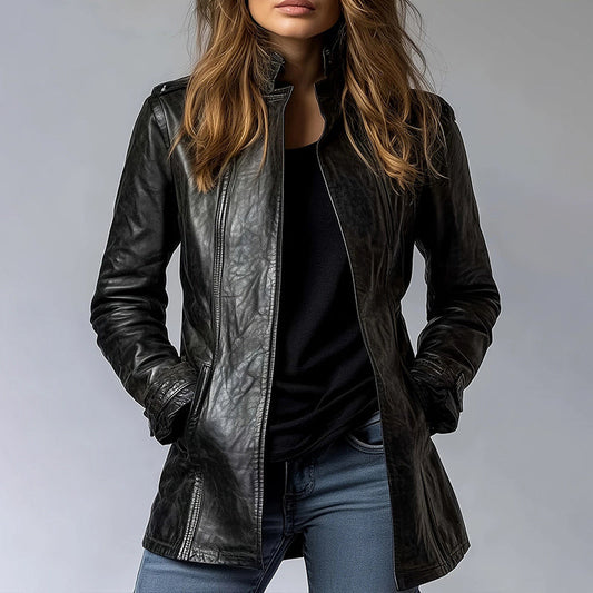 Vintage Style Women's Long Sleeve PU Jacket, Mid-Length Open Cardigan With Pockets, Casual Leather Coat CJ US
