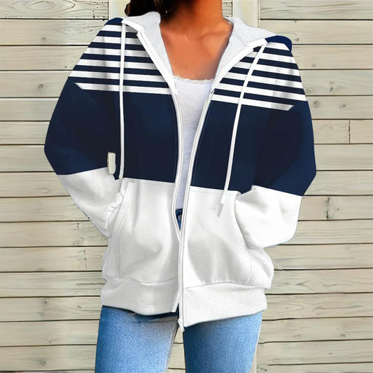 Plus Size Women's Long Sleeve Drawstring Hooded Sweatshirt With Color Block Stripes & Zip Front Pocket For Spring Fall CJ US