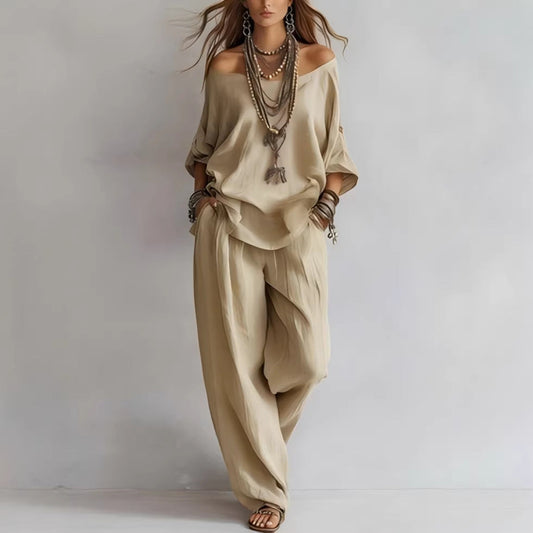 Off-Shoulder Cotton-Linen Wide-Leg Pants Set – 6 Colors, S–5XL