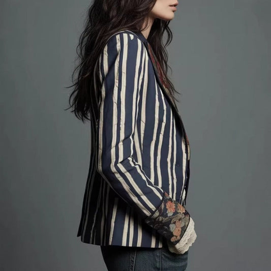 Women's Bohemian Color-Block Striped Blazer
