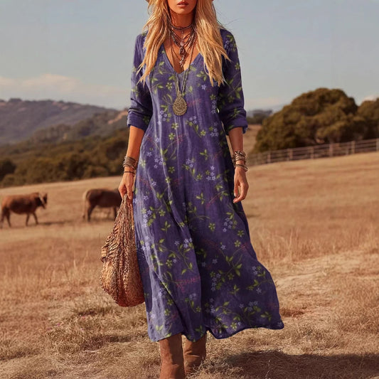 Personalized Retro Chic V-Neck Long-Sleeve Dress
