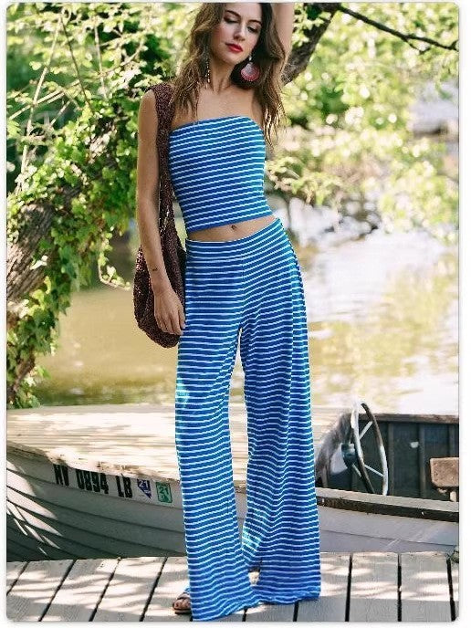 Printed Striped Tube Top And Pants Set 