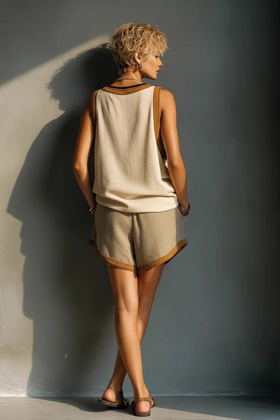 Womens Fashion Color-Block V-Neck Sleeveless Shorts Set 