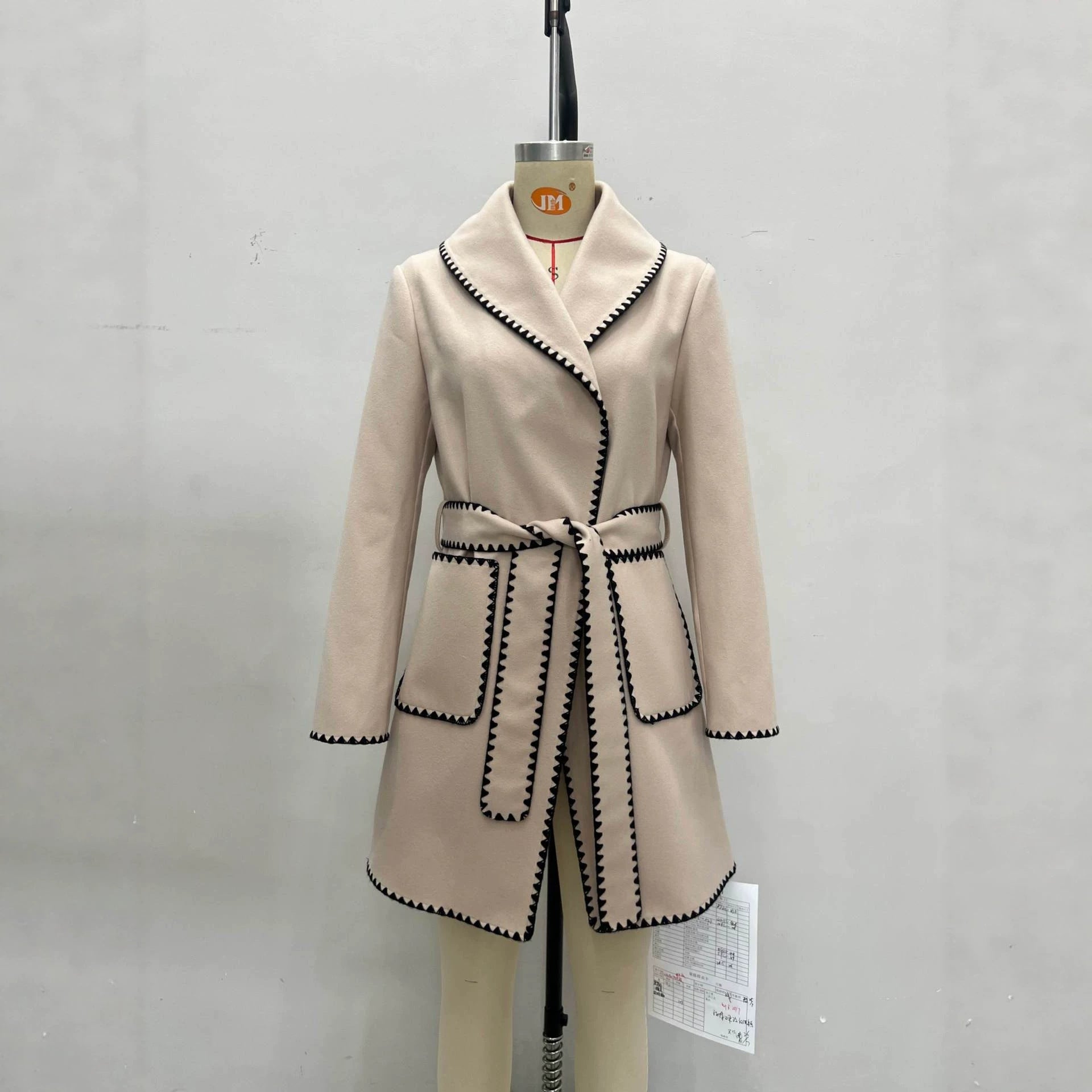 Autumn/Winter New French Elegant Style Notched Lapel Color-blocked Zigzag Edge Wool Coat Fashion Versatile Chic Outerwear 