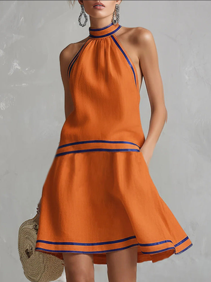 Choker Neck Fashion Short Dress with Striped Trim, Comfortable Sleeveless Fitted Dress 