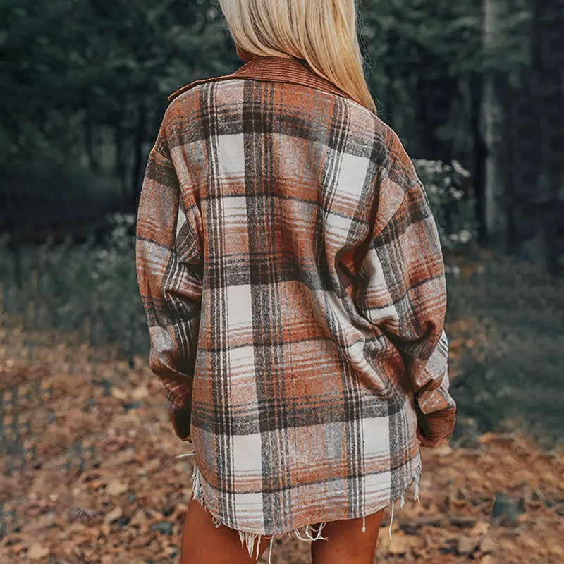 Women's Notch Lapel Check Print Long Sleeve Shirt - Button Front Pocket Detail Casual Blouse CJ US