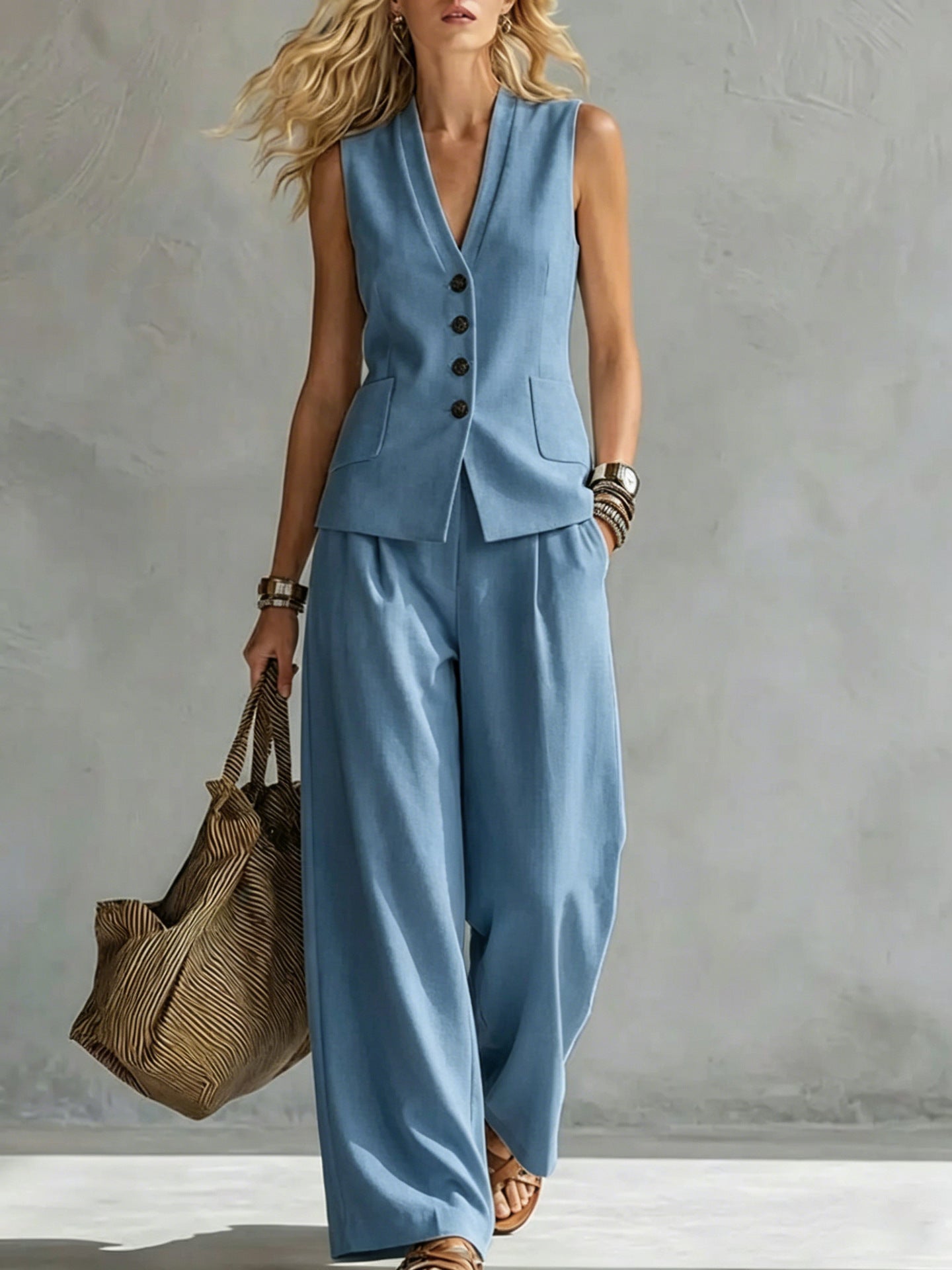 Womens Solid-Colored Sleeveless Casual Linen Tank Top And Pants Set 