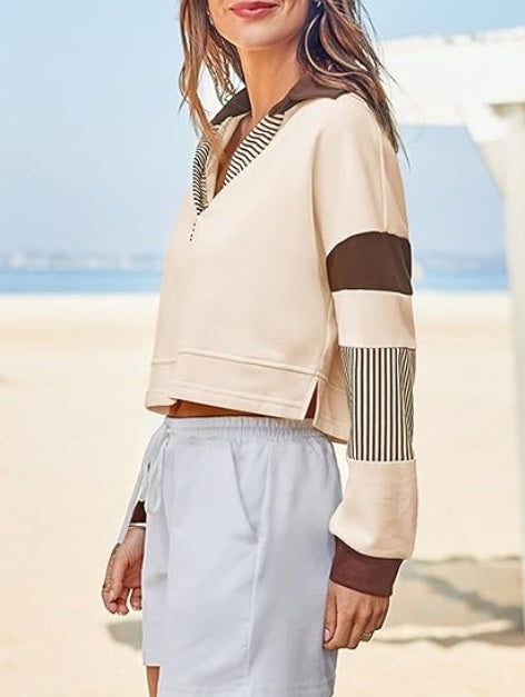 Color‑Block Cropped Polo V‑Neck Sweatshirt CJ US