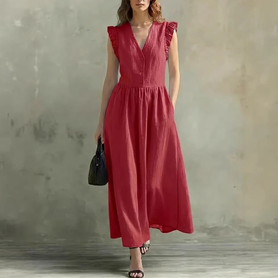 Casual Fashionable Elegant V-Neck Dress With Pockets 