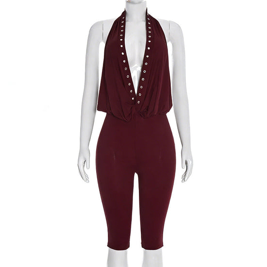 Womens Halter Deep V-Neck Rivet Eyelet Backless Cropped Jumpsuit 