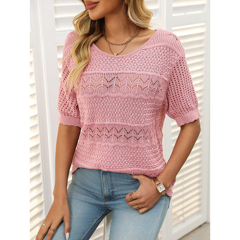 Women's Short Sleeve Sweater Tops Casual Crew Neck Crochet Knit Trendy Hollow Out Blouse T Shirts CJ US
