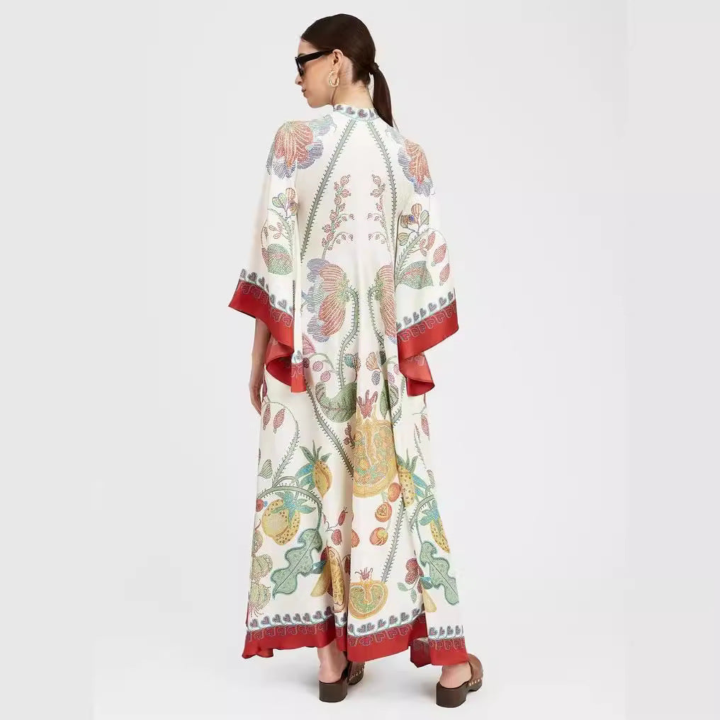 New European and American Summer Printed Seven Sleeve Stand up Collar Dress 