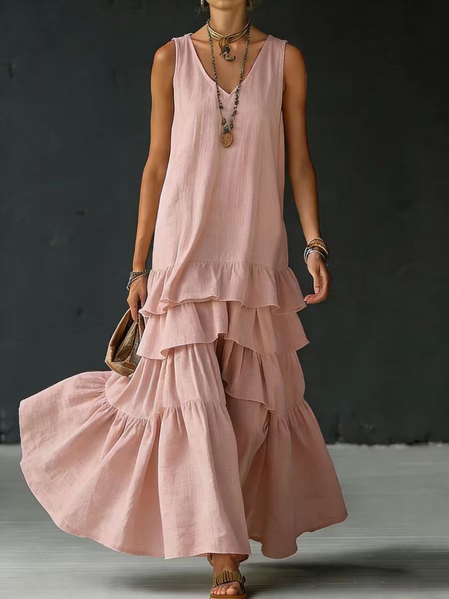 Solid-color Womens Loose-fitting Full-skirted Sleeveless Dress 